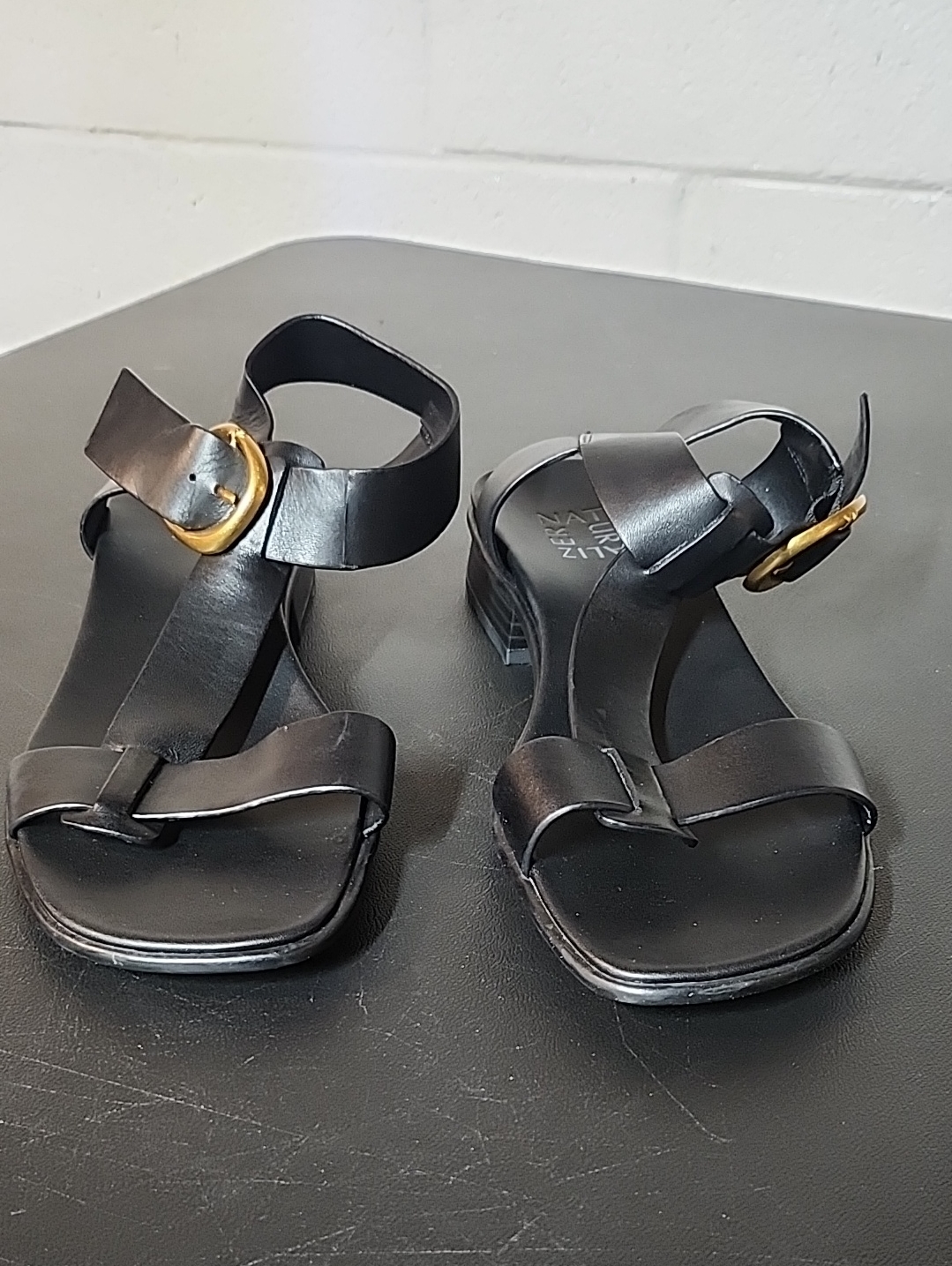 Naturalizer Brandy Black Leather Ankle-Strap Sandals With Gold Buckle